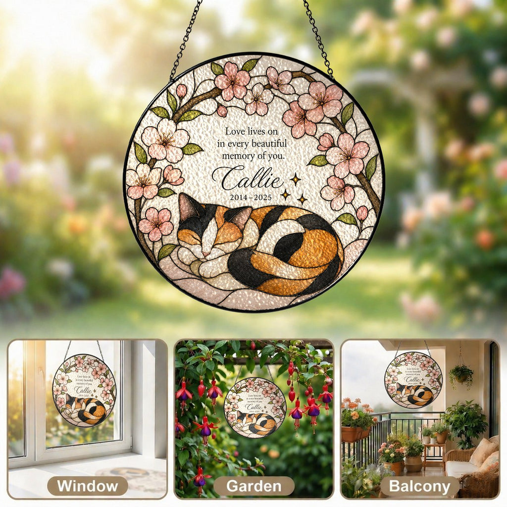 Calico cat memorial stained glass suncatcher with cherry blossom 08
