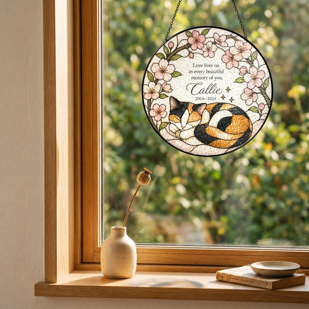 Calico cat memorial stained glass suncatcher with cherry blossom 09