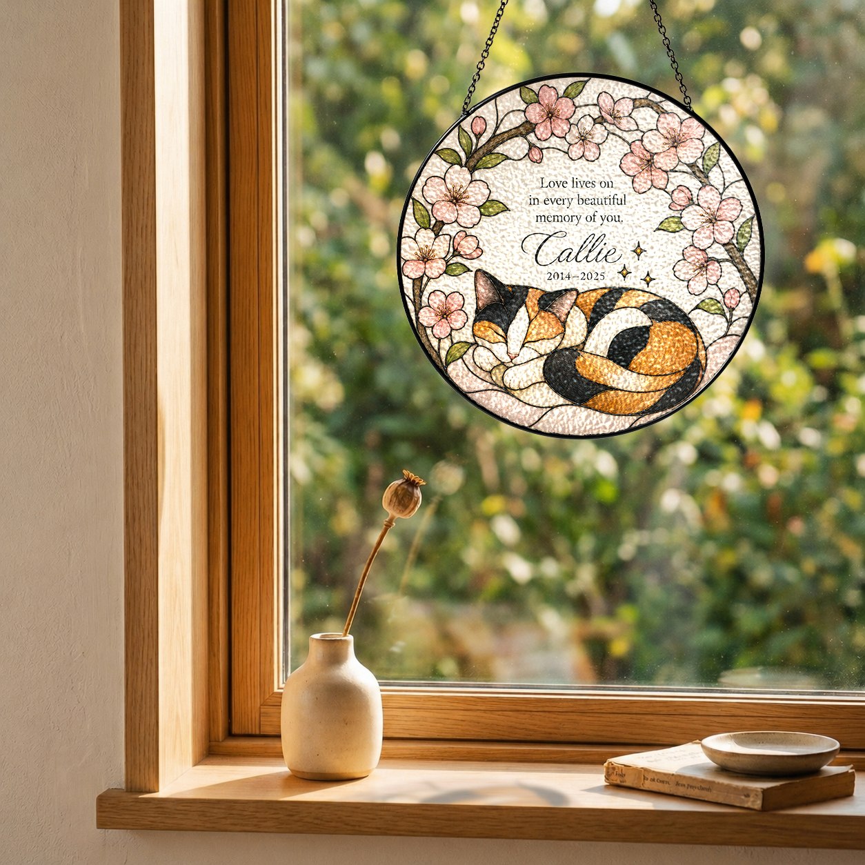Calico cat memorial stained glass suncatcher with cherry blossom 09