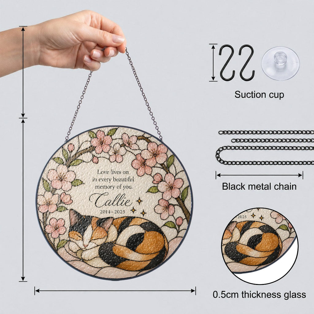 Calico cat memorial stained glass suncatcher with cherry blossom 10