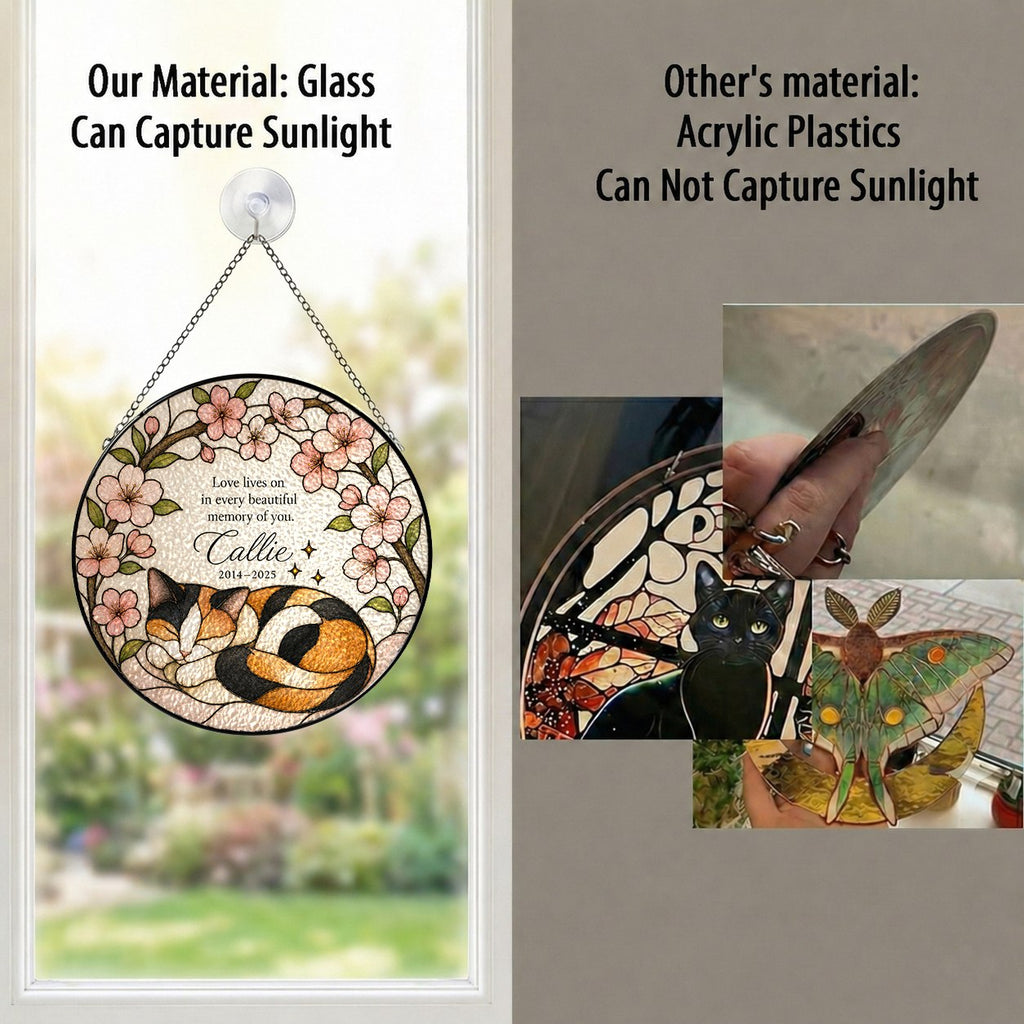 Calico cat memorial stained glass suncatcher with cherry blossom 11