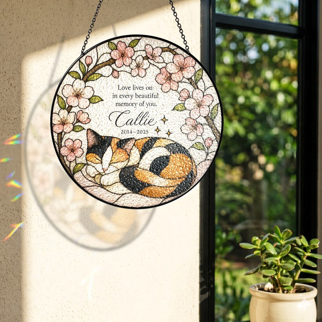 Calico cat memorial stained glass suncatcher with cherry blossom 12