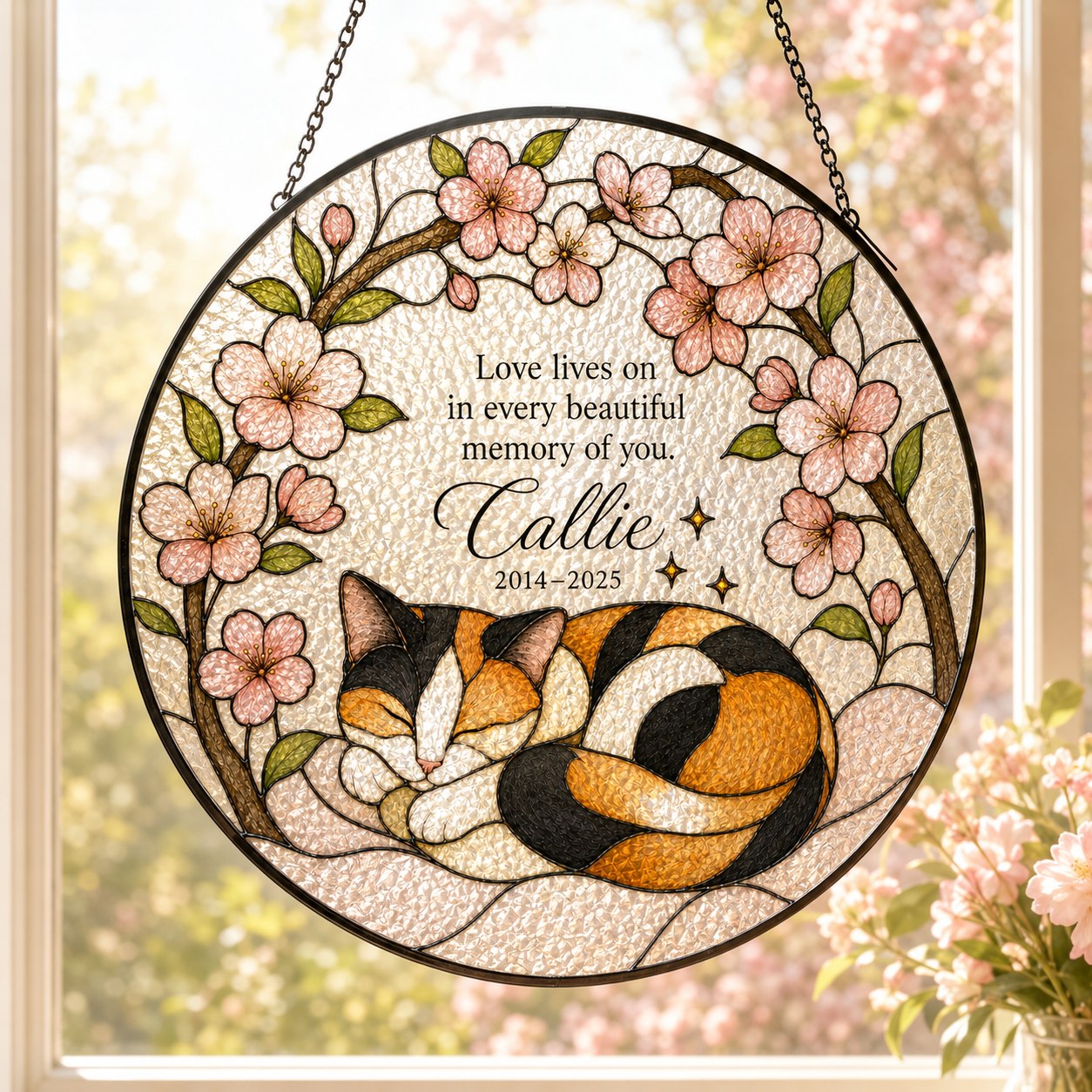 Calico cat memorial stained glass suncatcher with cherry blossom 13