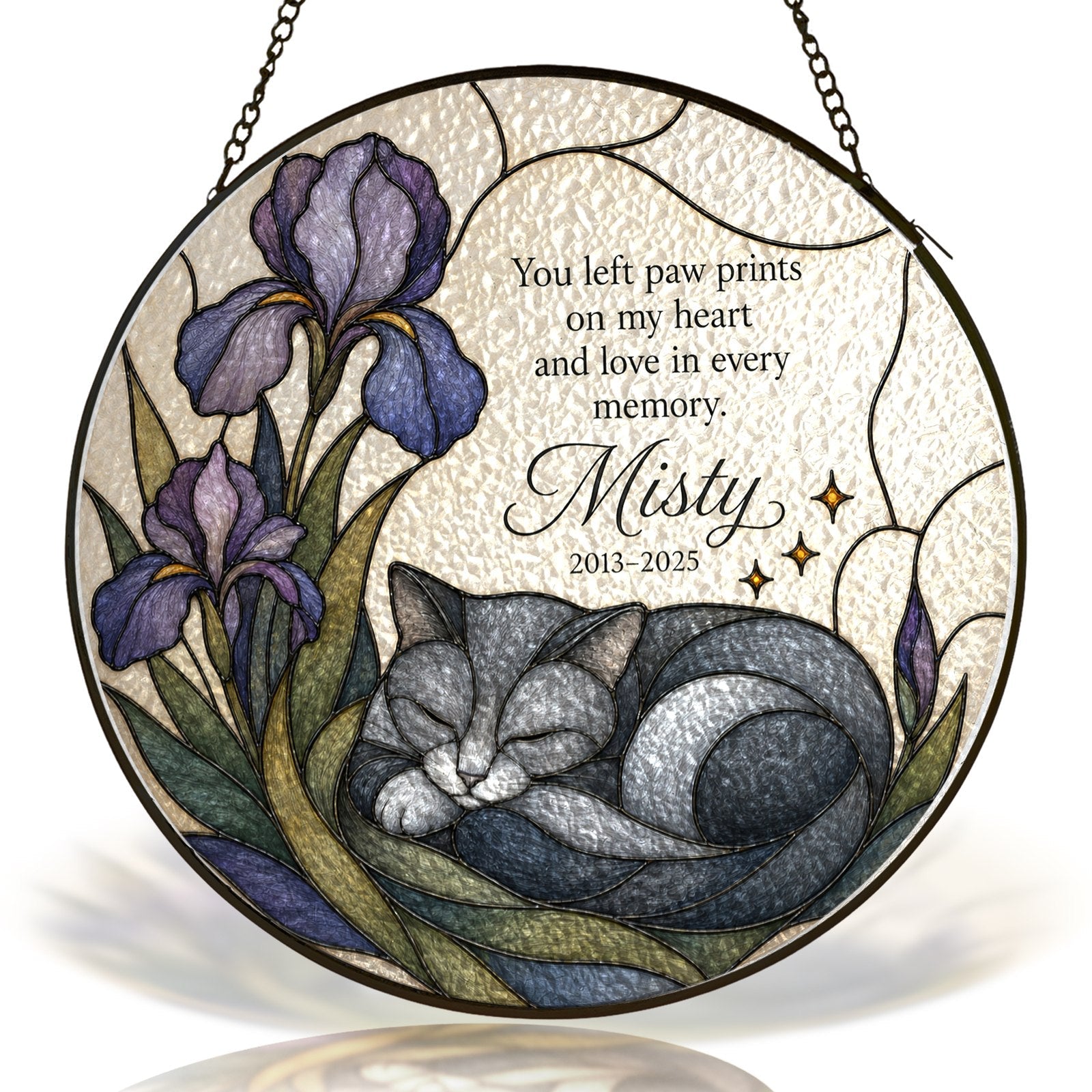 Grey cat memorial stained glass suncatcher with iris