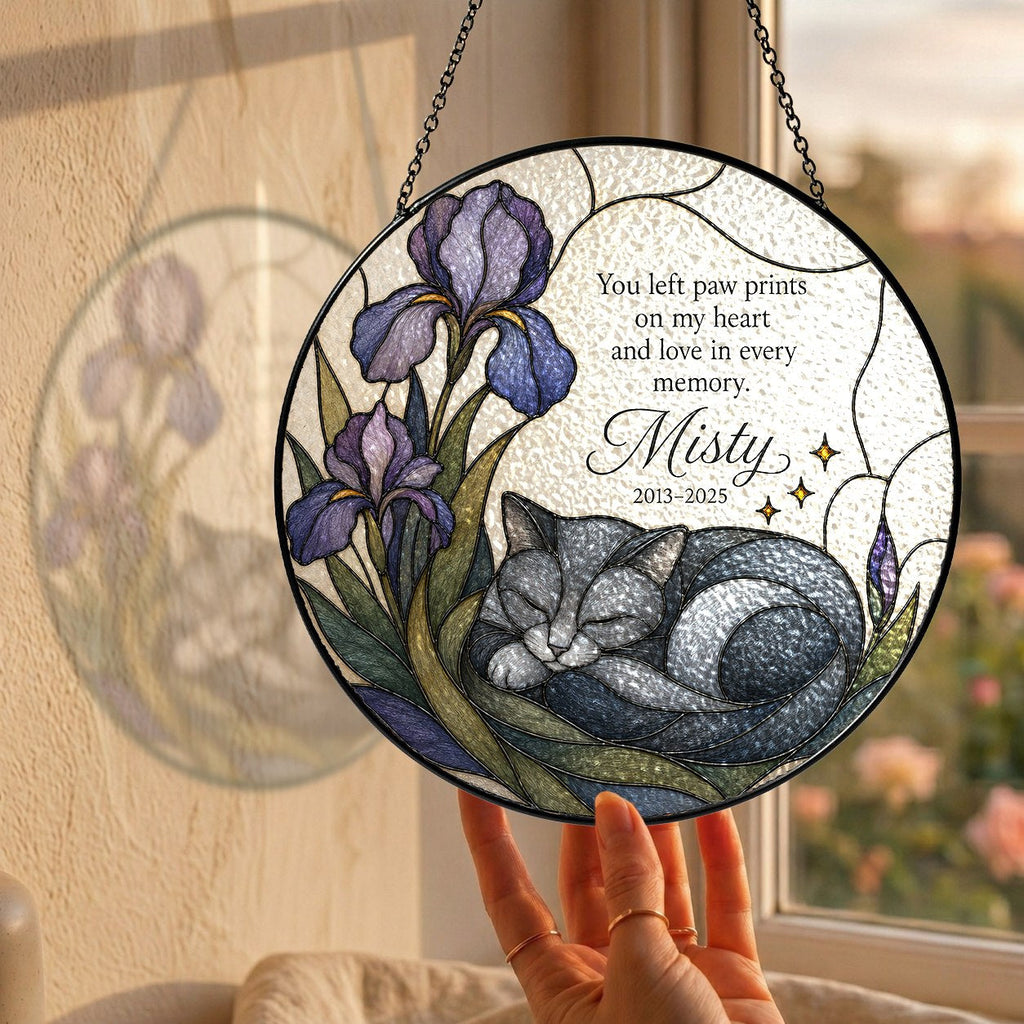 Grey cat memorial stained glass suncatcher with iris 04