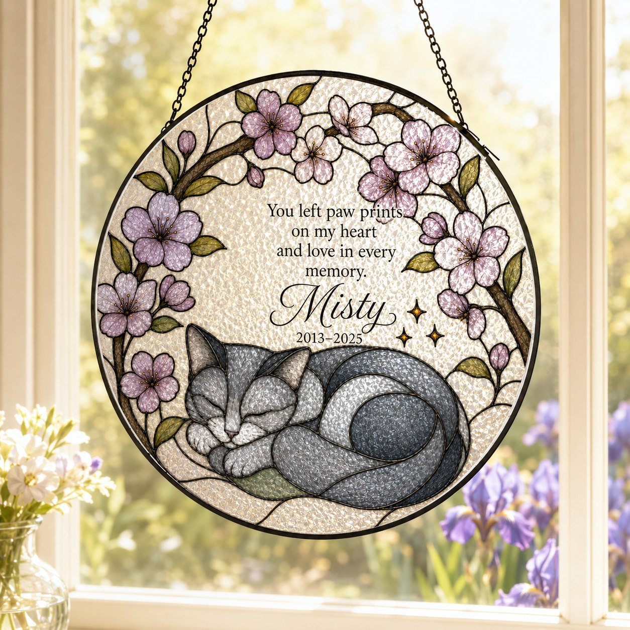 Grey cat memorial stained glass suncatcher with iris 07