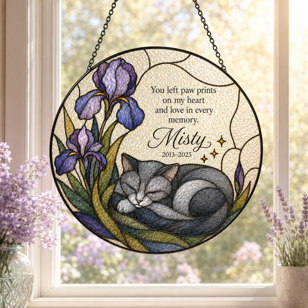 Grey cat memorial stained glass suncatcher with iris 08