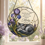 Grey cat memorial stained glass suncatcher with iris 08