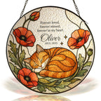 Orange cat memorial stained glass suncatcher with poppy
