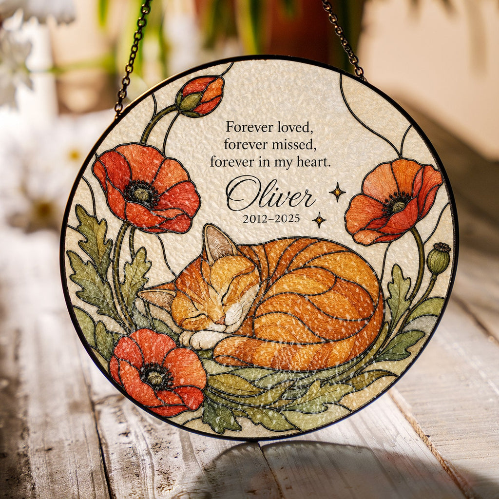 Orange cat memorial stained glass suncatcher with poppy 02