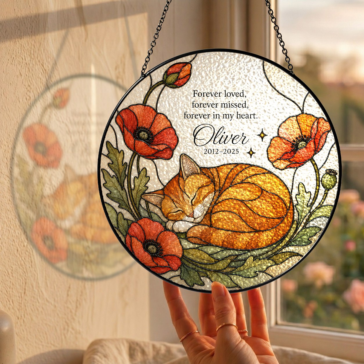 Orange cat memorial stained glass suncatcher with poppy 04