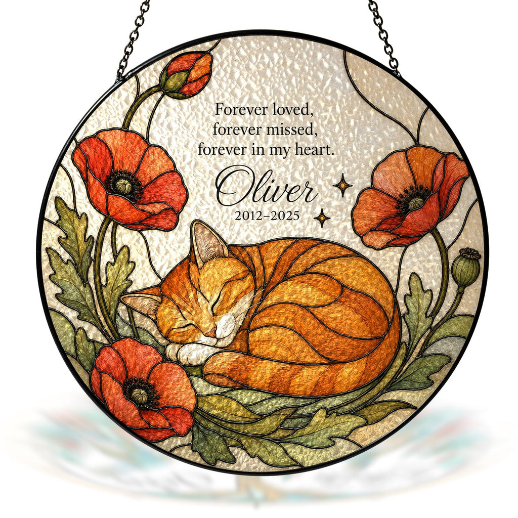 Orange cat memorial stained glass suncatcher with poppy 07