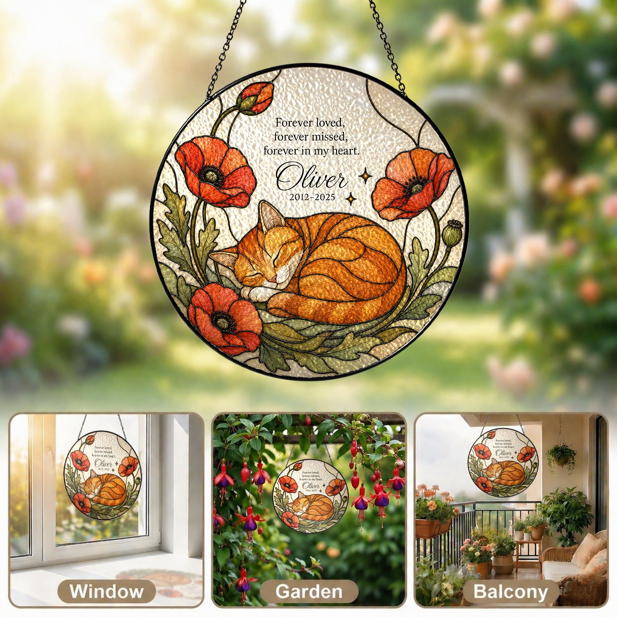 Orange cat memorial stained glass suncatcher with poppy 08