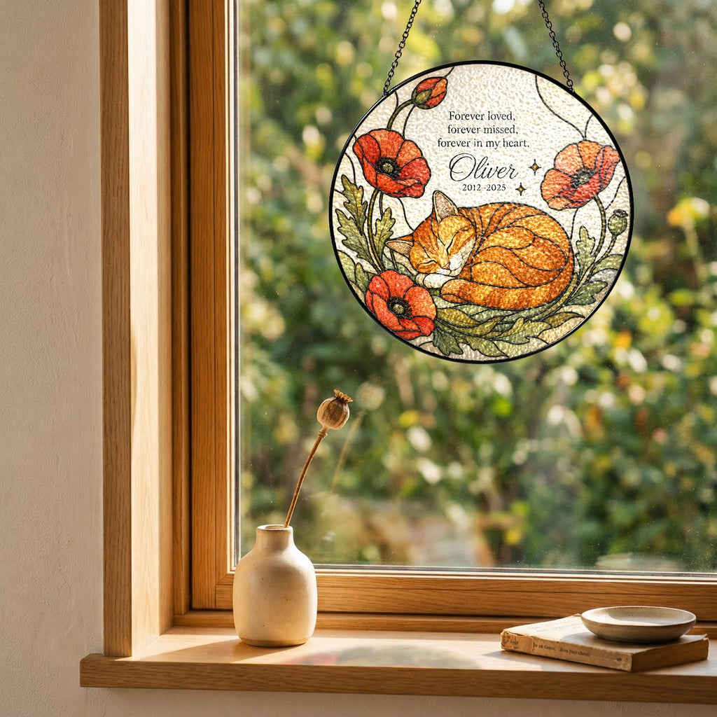 Orange cat memorial stained glass suncatcher with poppy 09