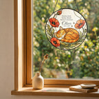 Orange cat memorial stained glass suncatcher with poppy 09