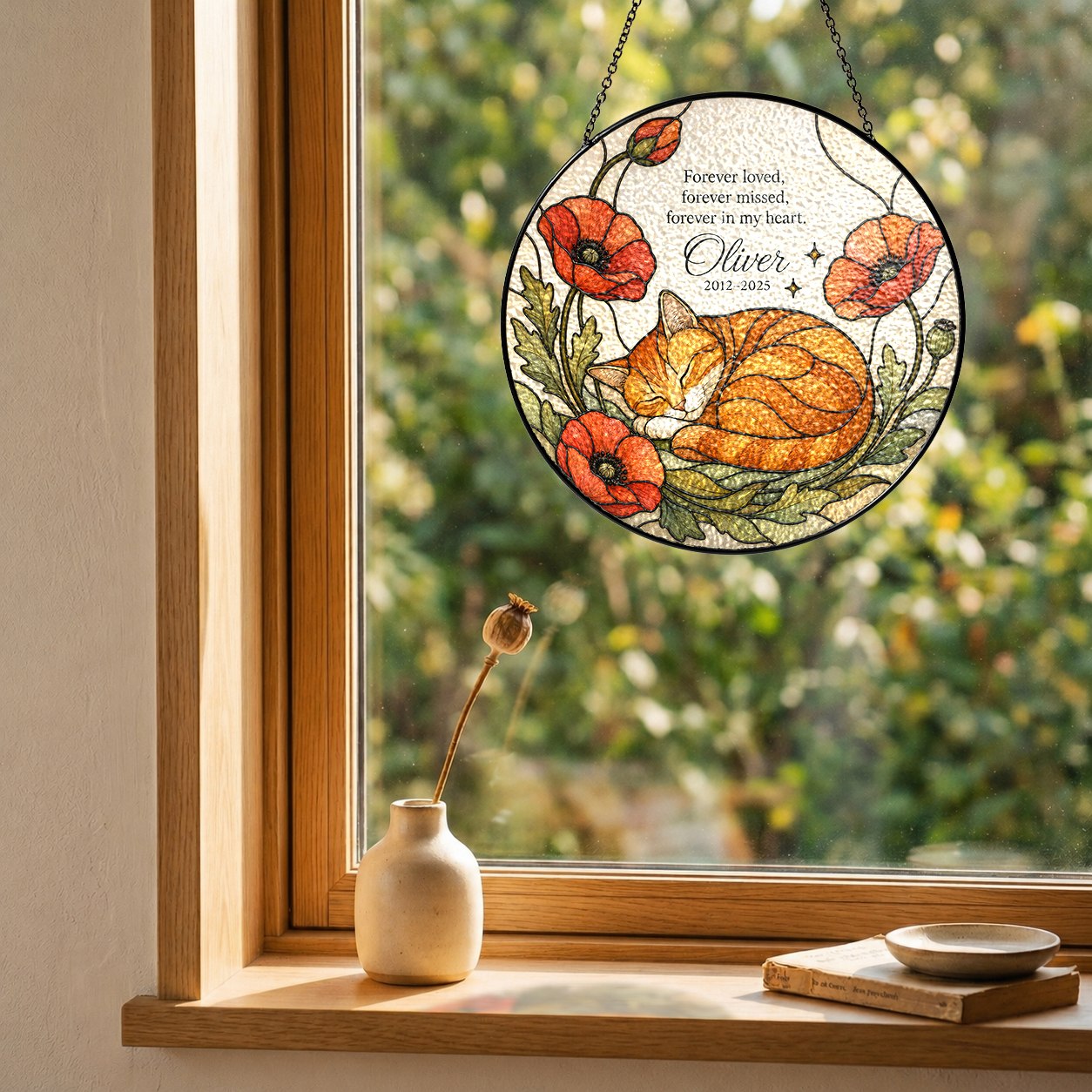 Orange cat memorial stained glass suncatcher with poppy 09