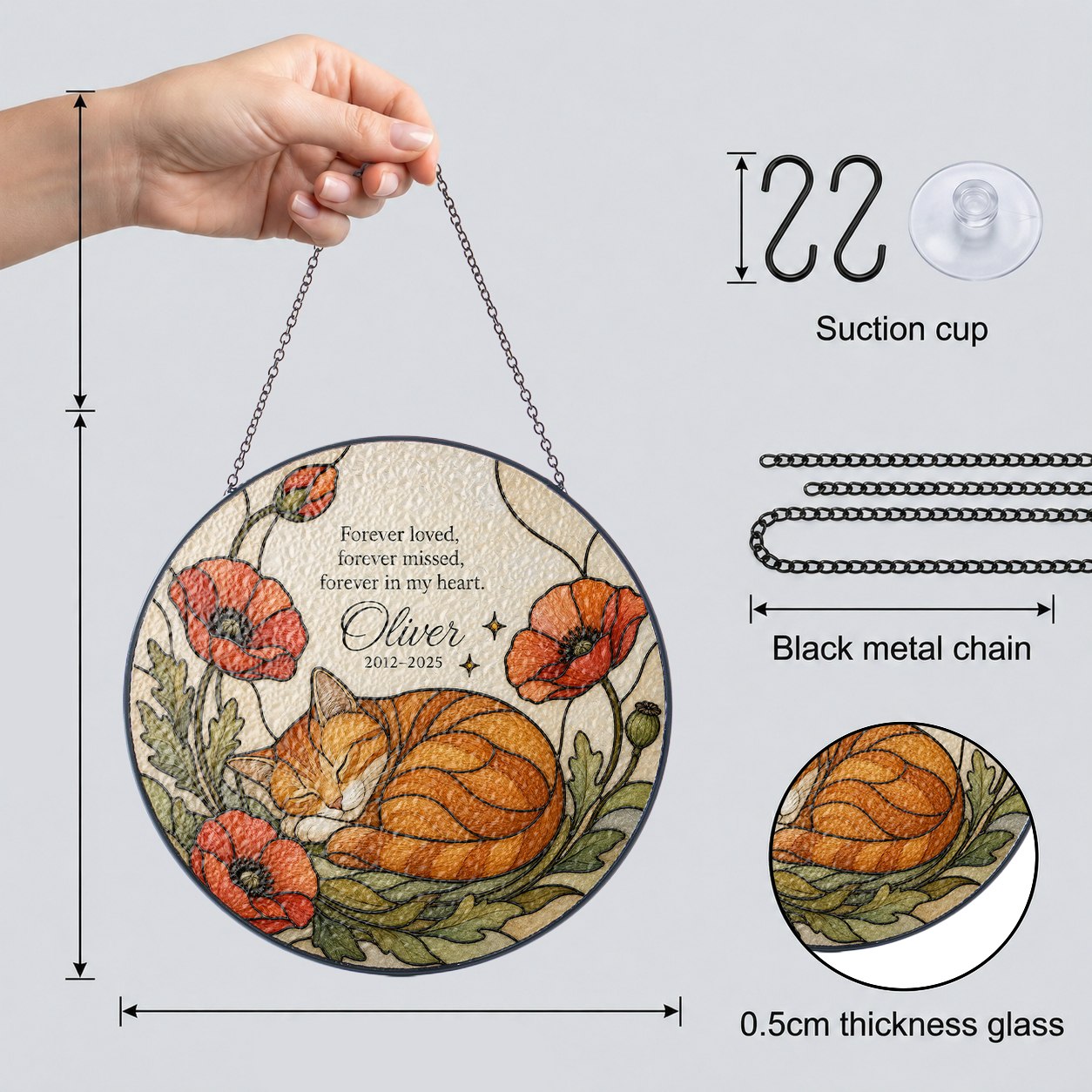 Orange cat memorial stained glass suncatcher with poppy 10