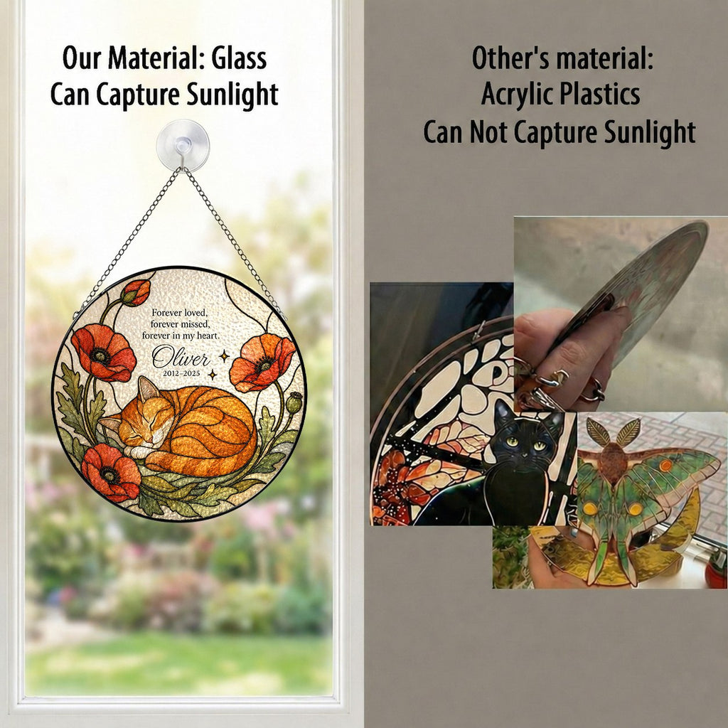 Orange cat memorial stained glass suncatcher with poppy 11