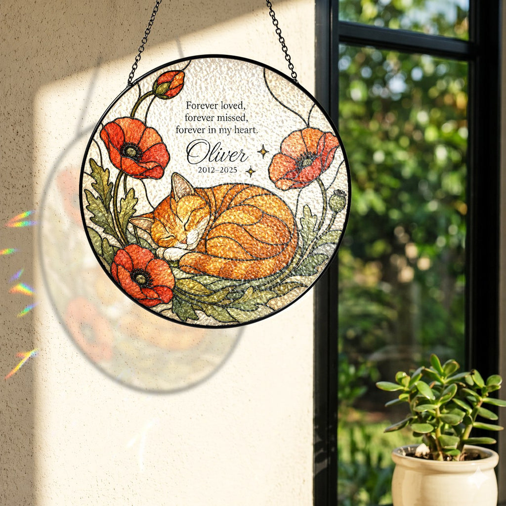 Orange cat memorial stained glass suncatcher with poppy 12