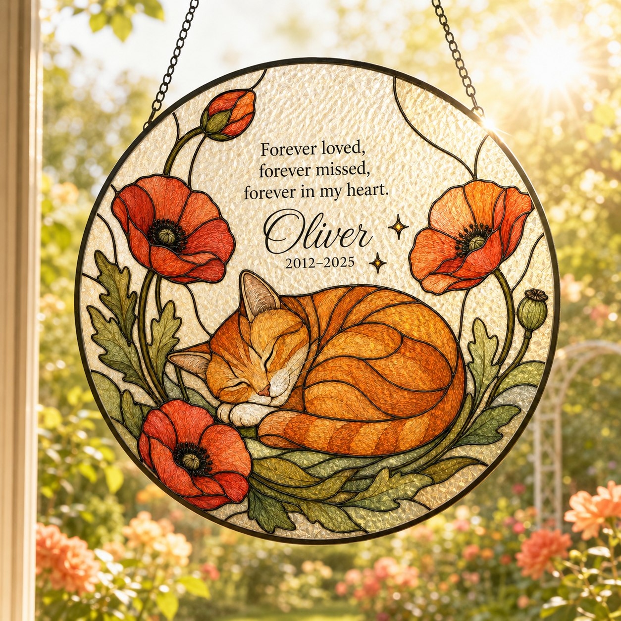 Orange cat memorial stained glass suncatcher with poppy 14