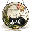 Personalized cat memorial stained glass suncatcher – tuxedo cat & tulip