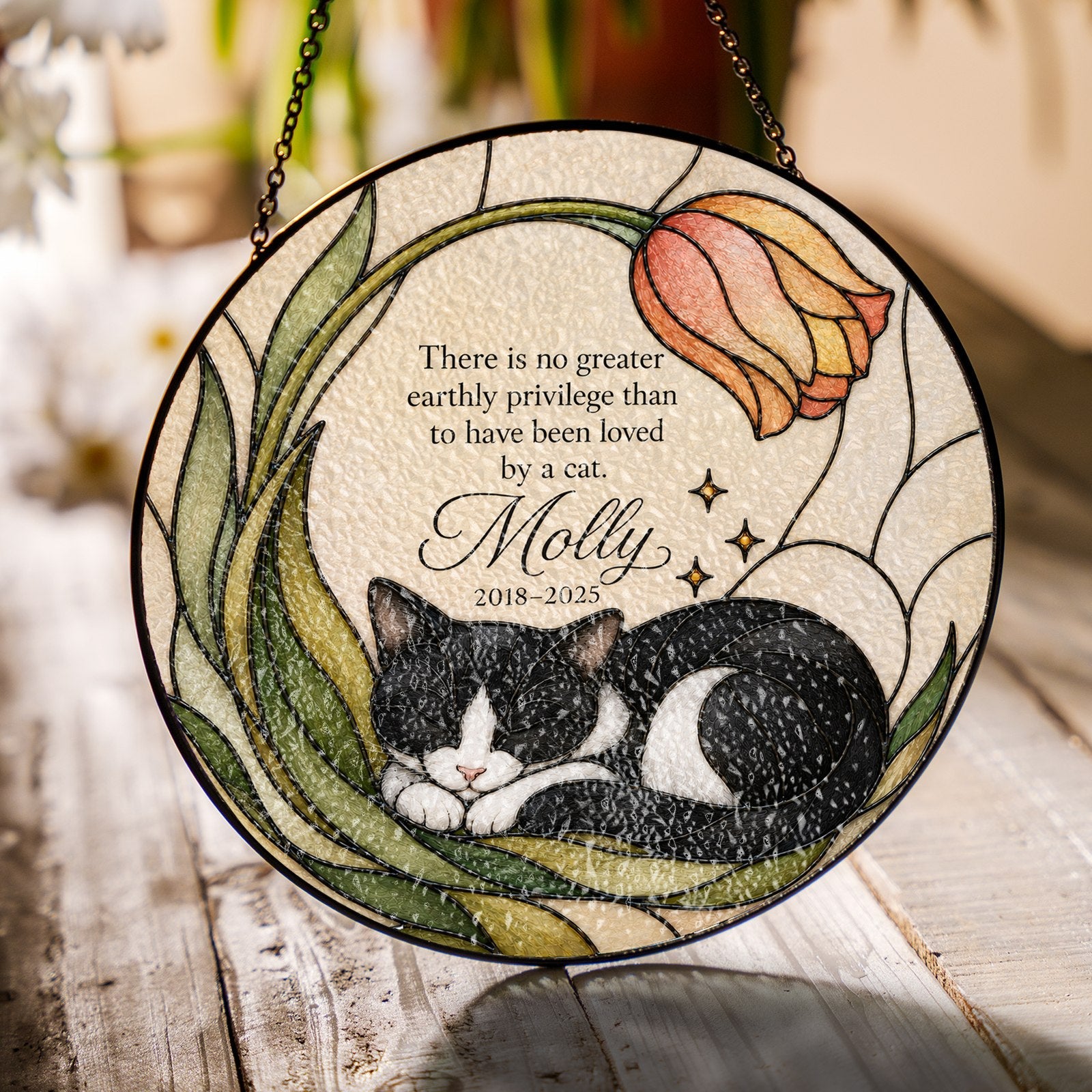 Tuxedo cat memorial suncatcher with tulip 02