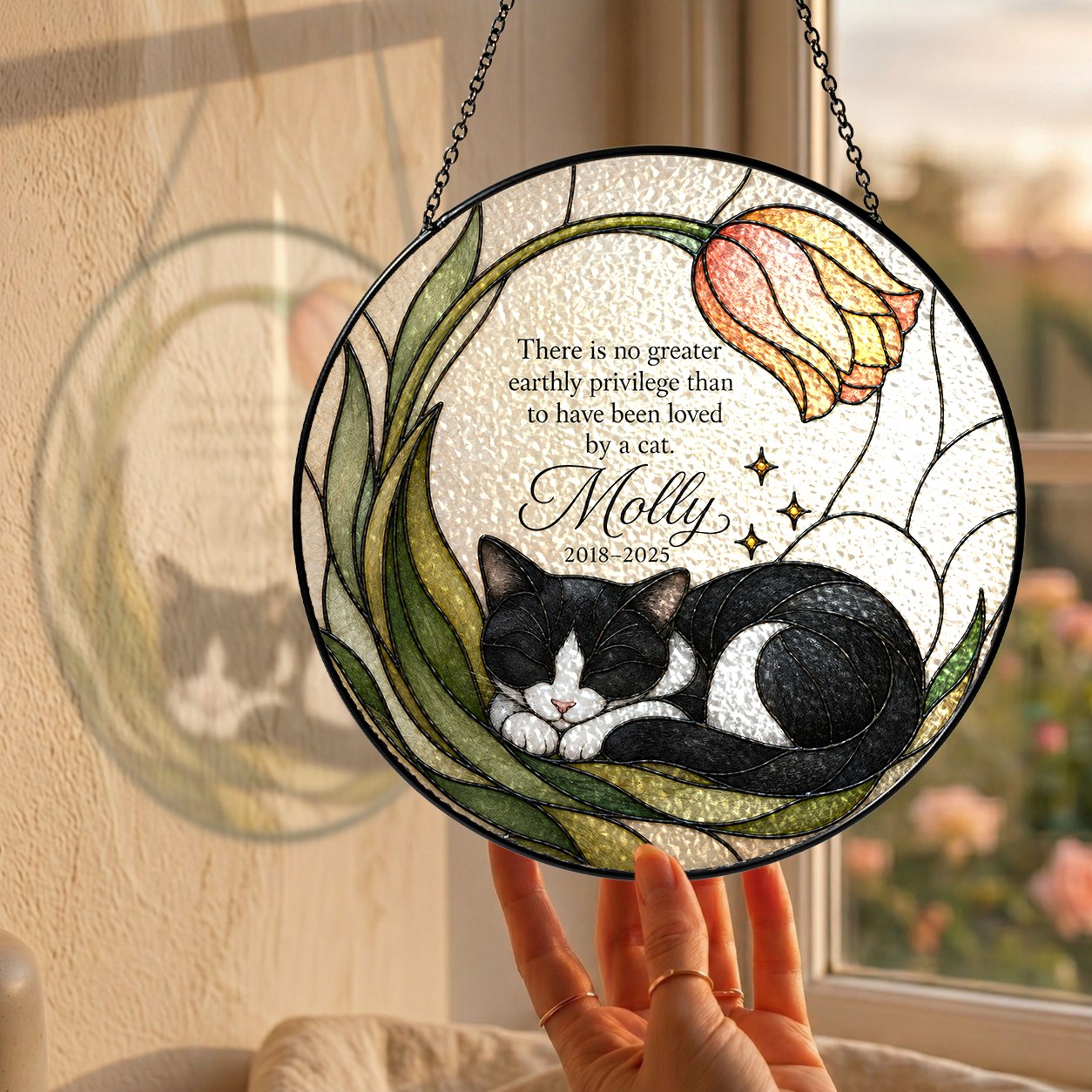 Tuxedo cat memorial suncatcher with tulip 04