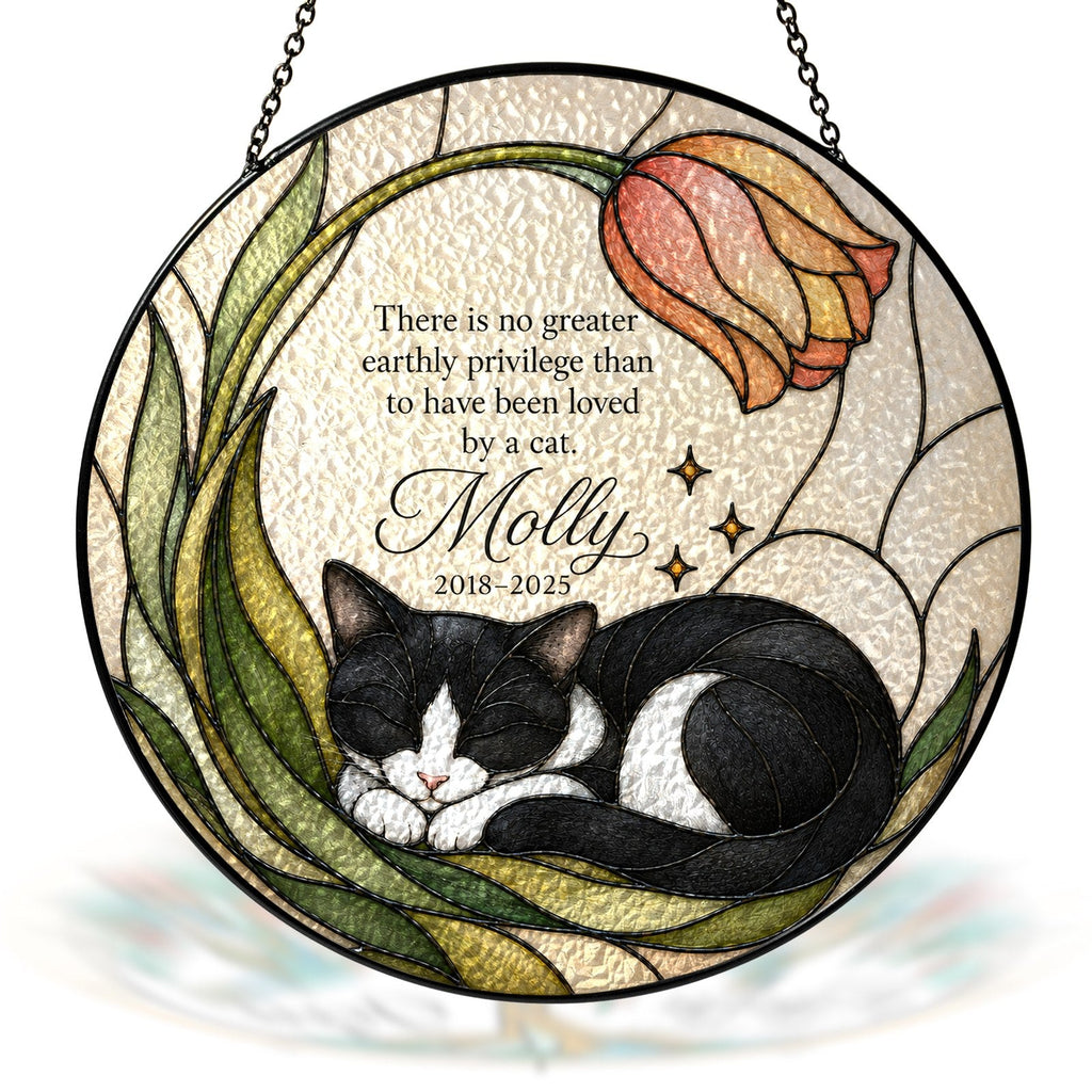 Tuxedo cat memorial suncatcher with tulip 07