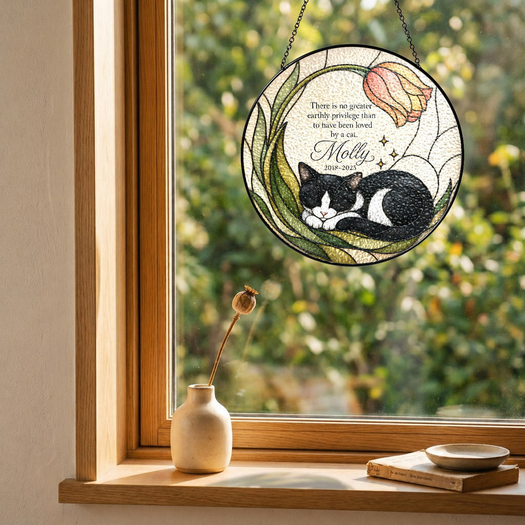 Tuxedo cat memorial suncatcher with tulip 09