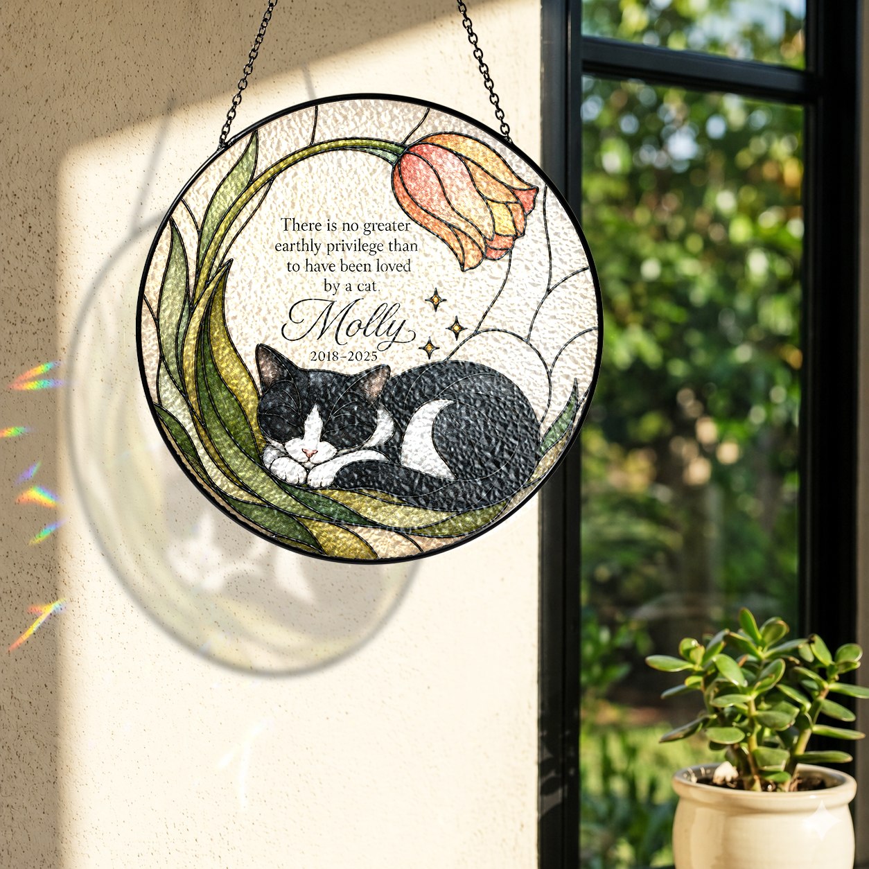 Tuxedo cat memorial suncatcher with tulip 12