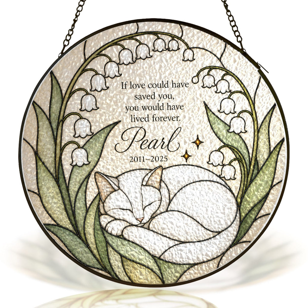 Personalized cat memorial stained glass suncatcher – white cat & lily