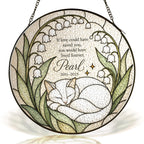 Personalized cat memorial stained glass suncatcher – white cat & lily
