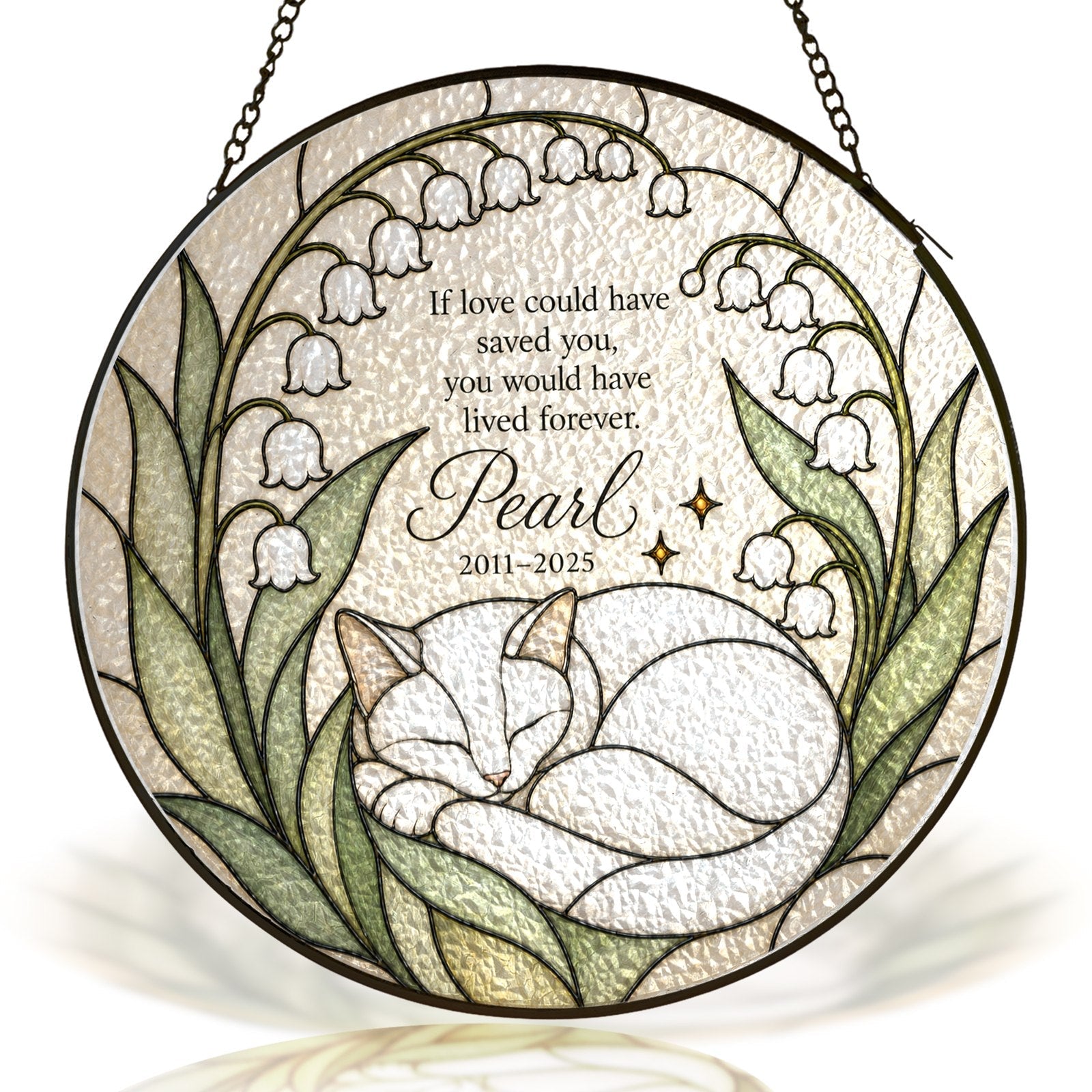 Personalized cat memorial stained glass suncatcher – white cat & lily