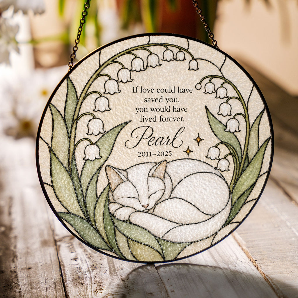 White cat memorial suncatcher with lily of the valley