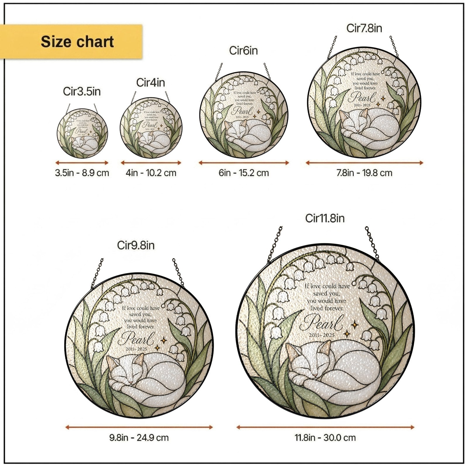 Cat memorial suncatcher size guide