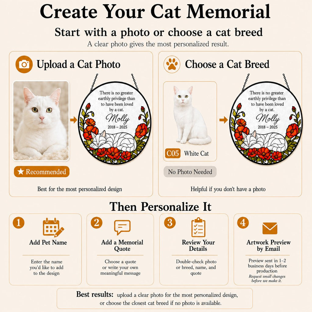 Personalized cat memorial suncatcher in a window