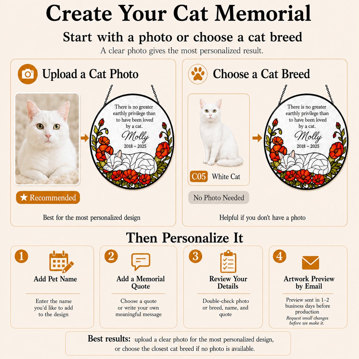 Personalized cat memorial suncatcher in a window