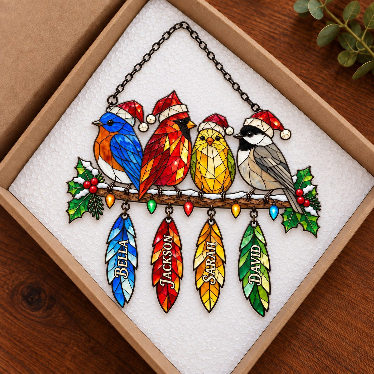 Personalized Christmas Birds with Name Feathers Holographic Acrylic Suncatcher