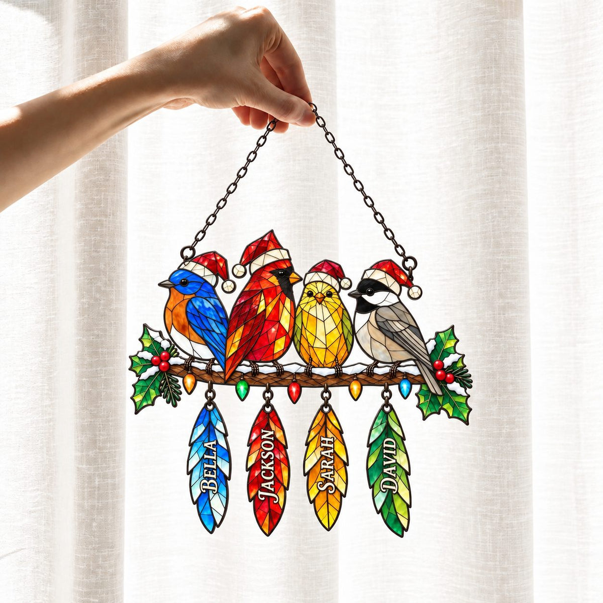 Personalized Christmas Birds with Name Feathers Holographic Acrylic Suncatcher
