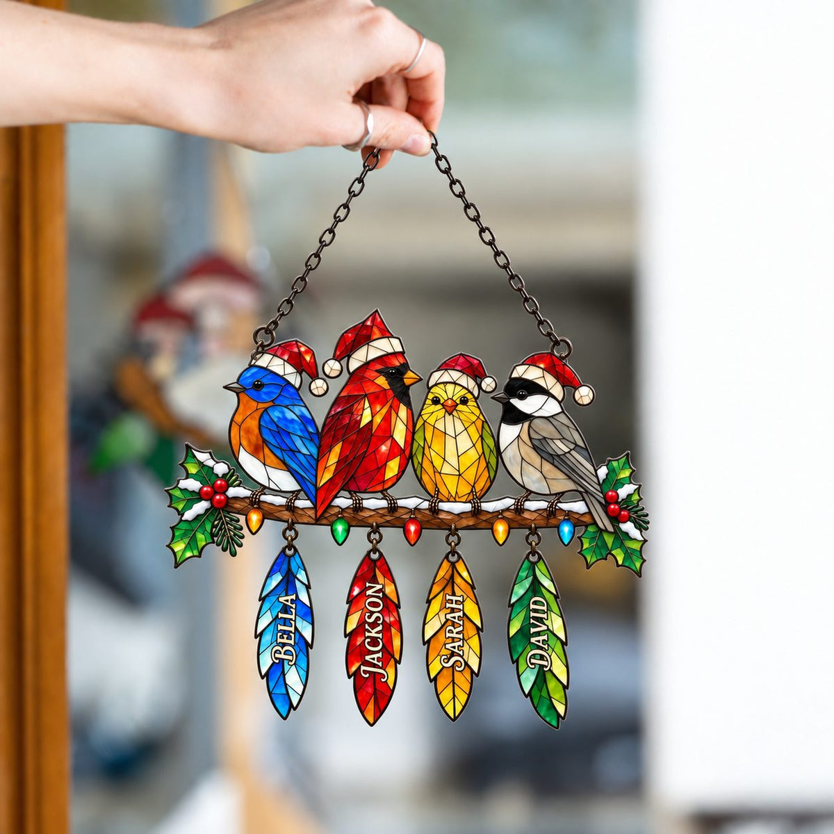 Personalized Christmas Birds with Name Feathers Holographic Acrylic Suncatcher