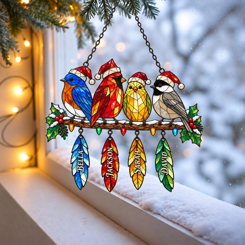 Personalized Christmas Birds with Name Feathers Holographic Acrylic Suncatcher