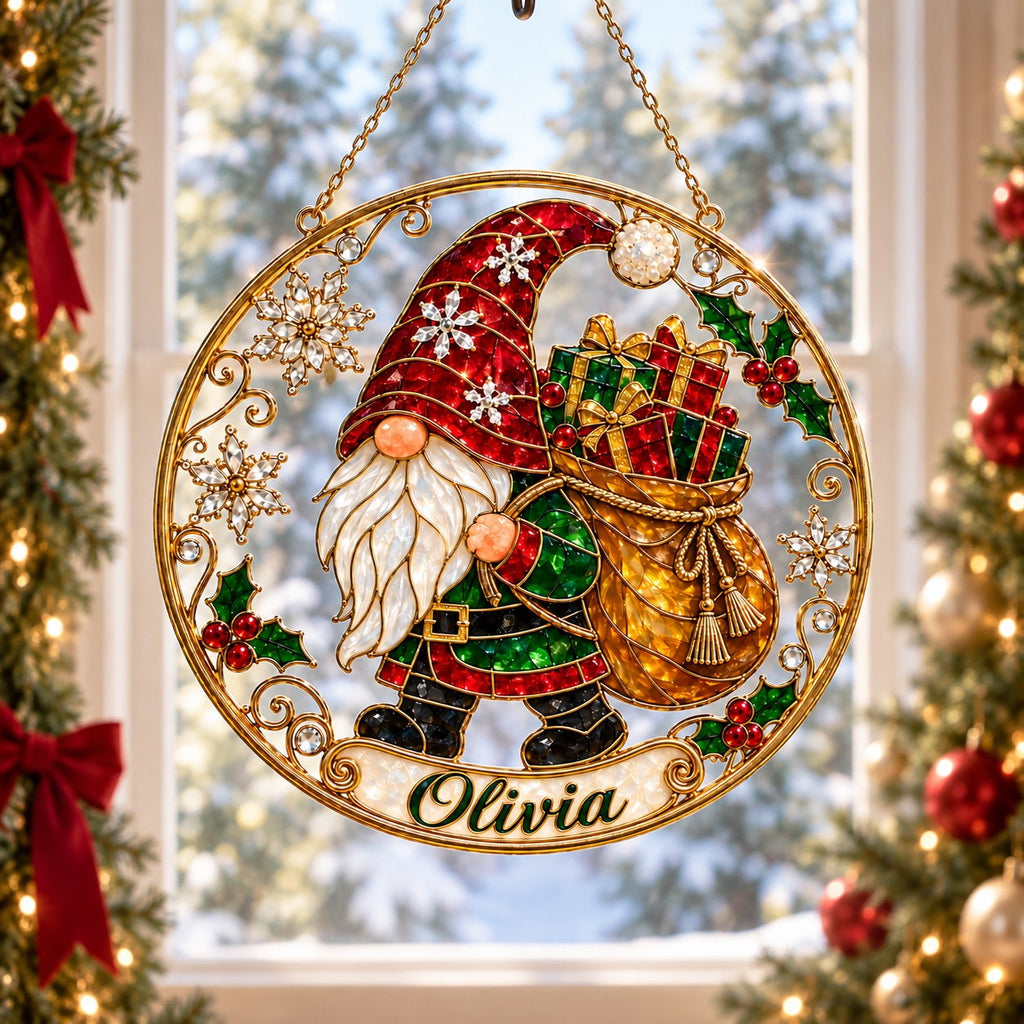 Personalized Christmas Gnome with Gift Sack Holographic Acrylic Suncatcher
