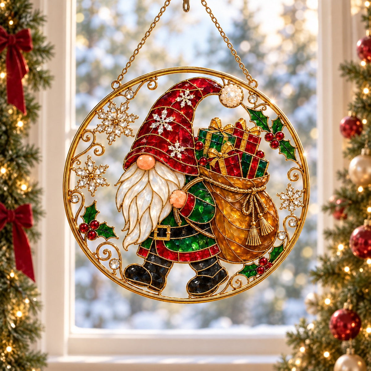 Personalized Christmas Gnome with Gift Sack Holographic Acrylic Suncatcher