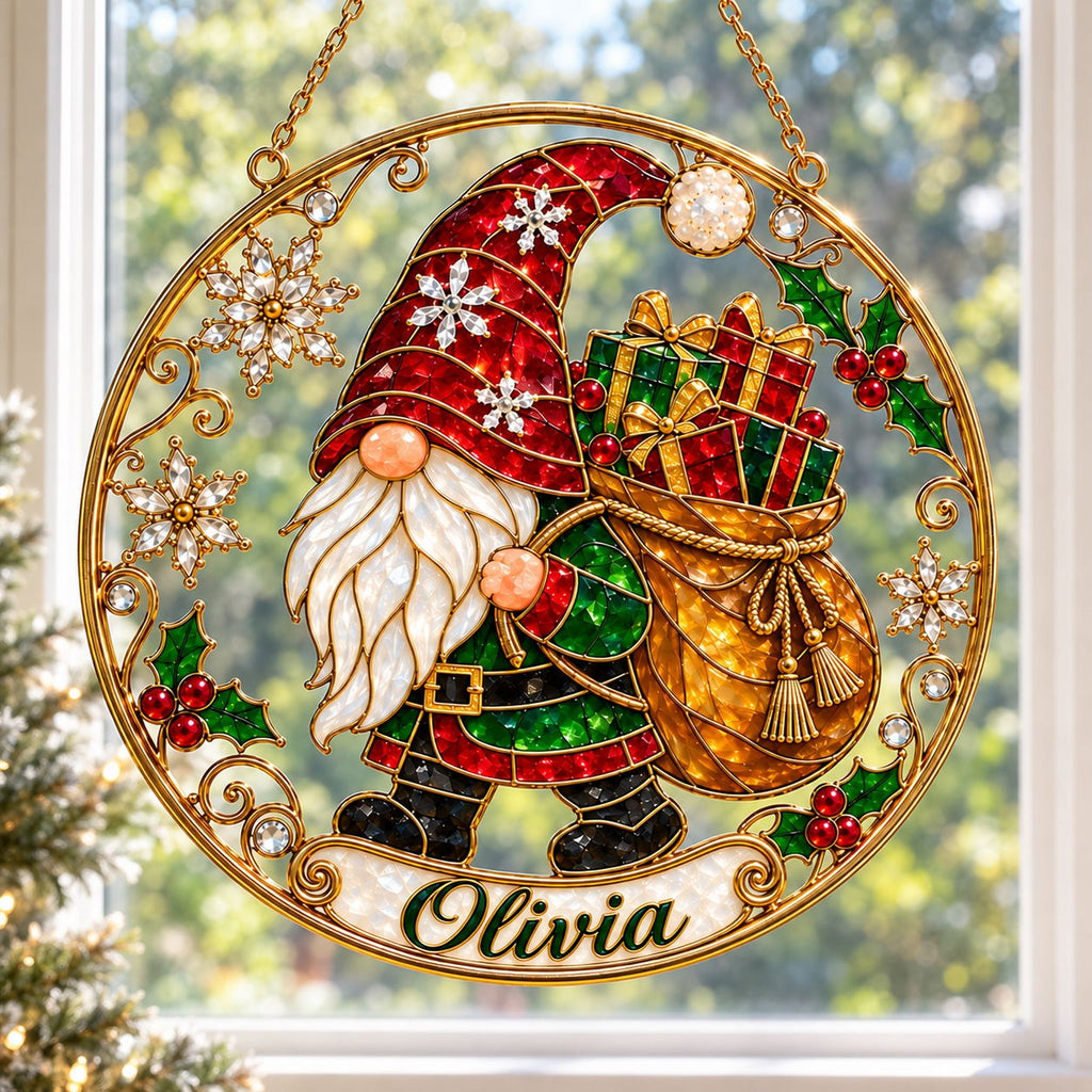 Personalized Christmas Gnome with Gift Sack Holographic Acrylic Suncatcher