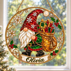 Personalized Christmas Gnome with Gift Sack Holographic Acrylic Suncatcher