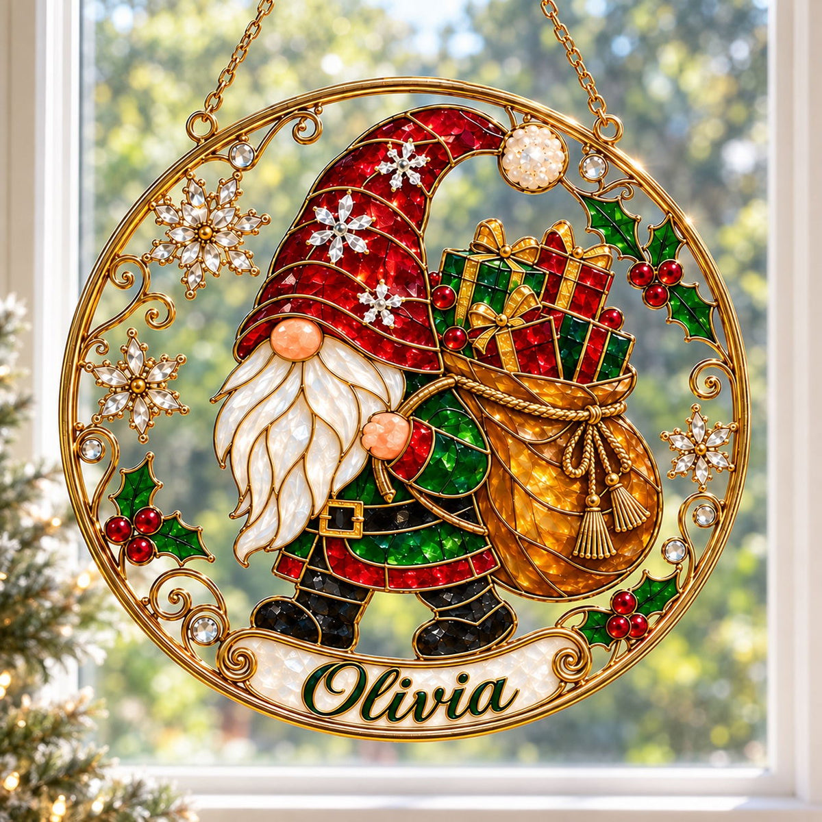 Personalized Christmas Gnome with Gift Sack Holographic Acrylic Suncatcher