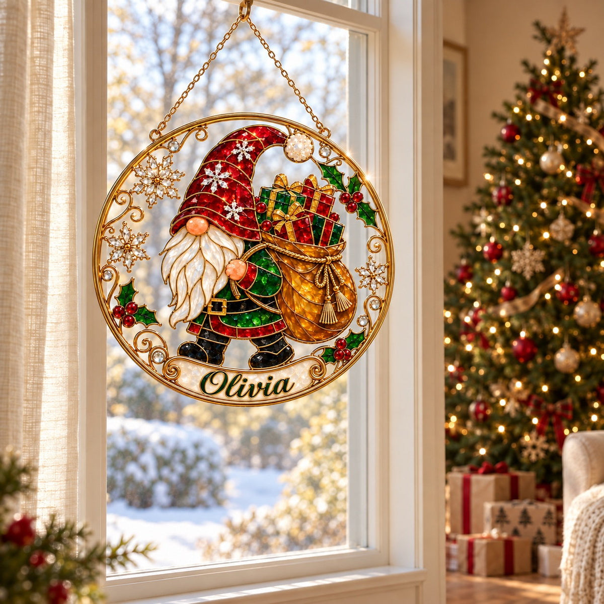 Personalized Christmas Gnome with Gift Sack Holographic Acrylic Suncatcher