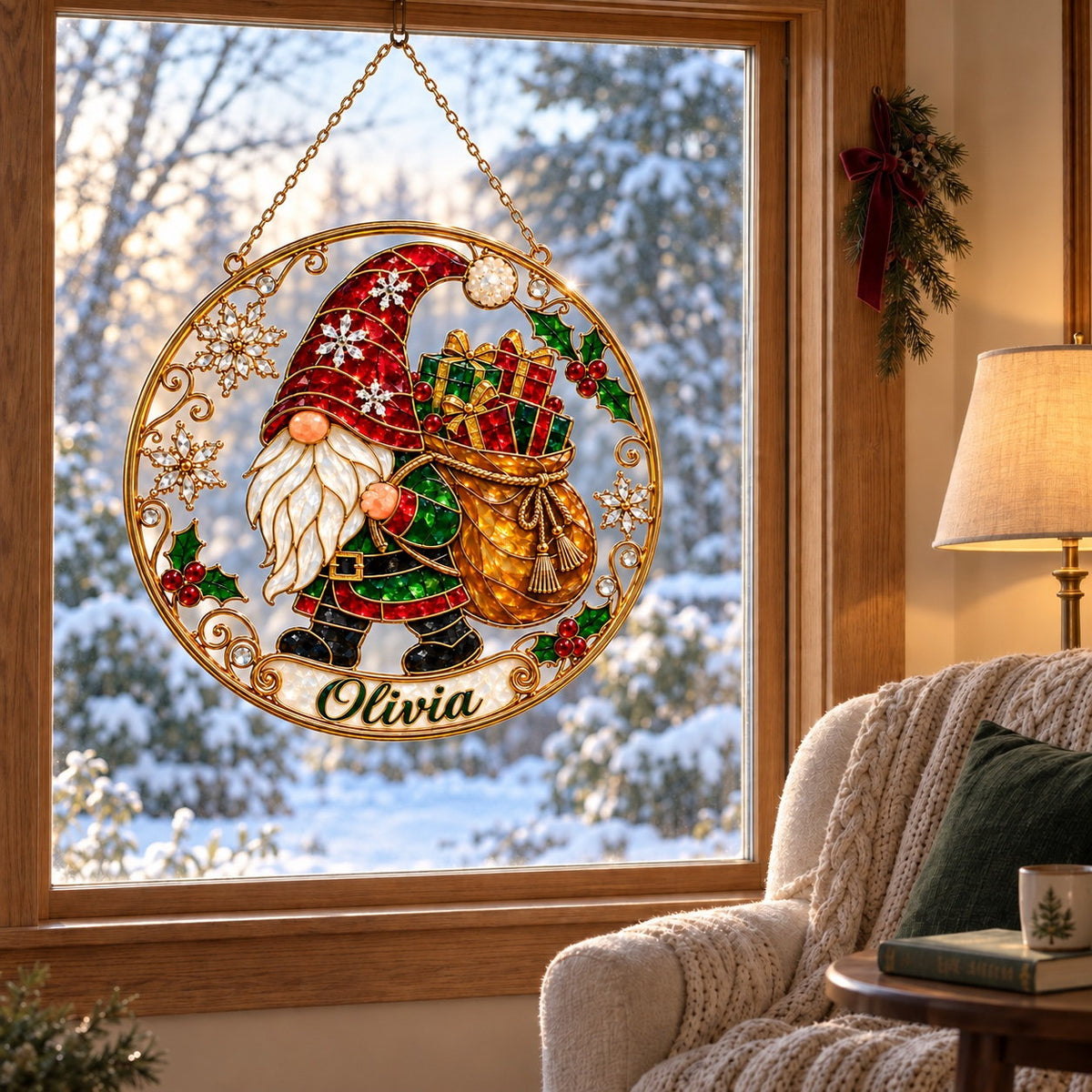 Personalized Christmas Gnome with Gift Sack Holographic Acrylic Suncatcher