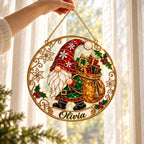 Personalized Christmas Gnome with Gift Sack Holographic Acrylic Suncatcher