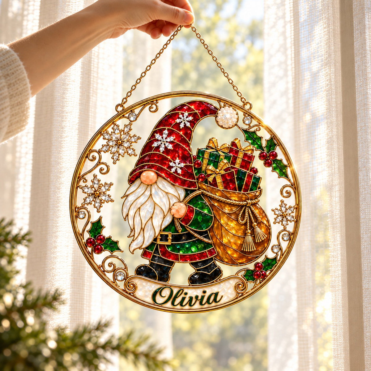 Personalized Christmas Gnome with Gift Sack Holographic Acrylic Suncatcher